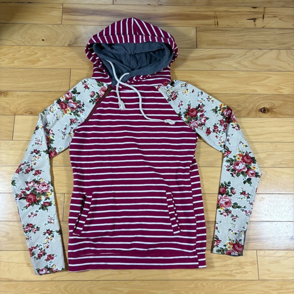 Ampersand Avenue Hoodie Womens Sz XS Striped Floral Pink Hooded Sweatshirt - Picture 3 of 7